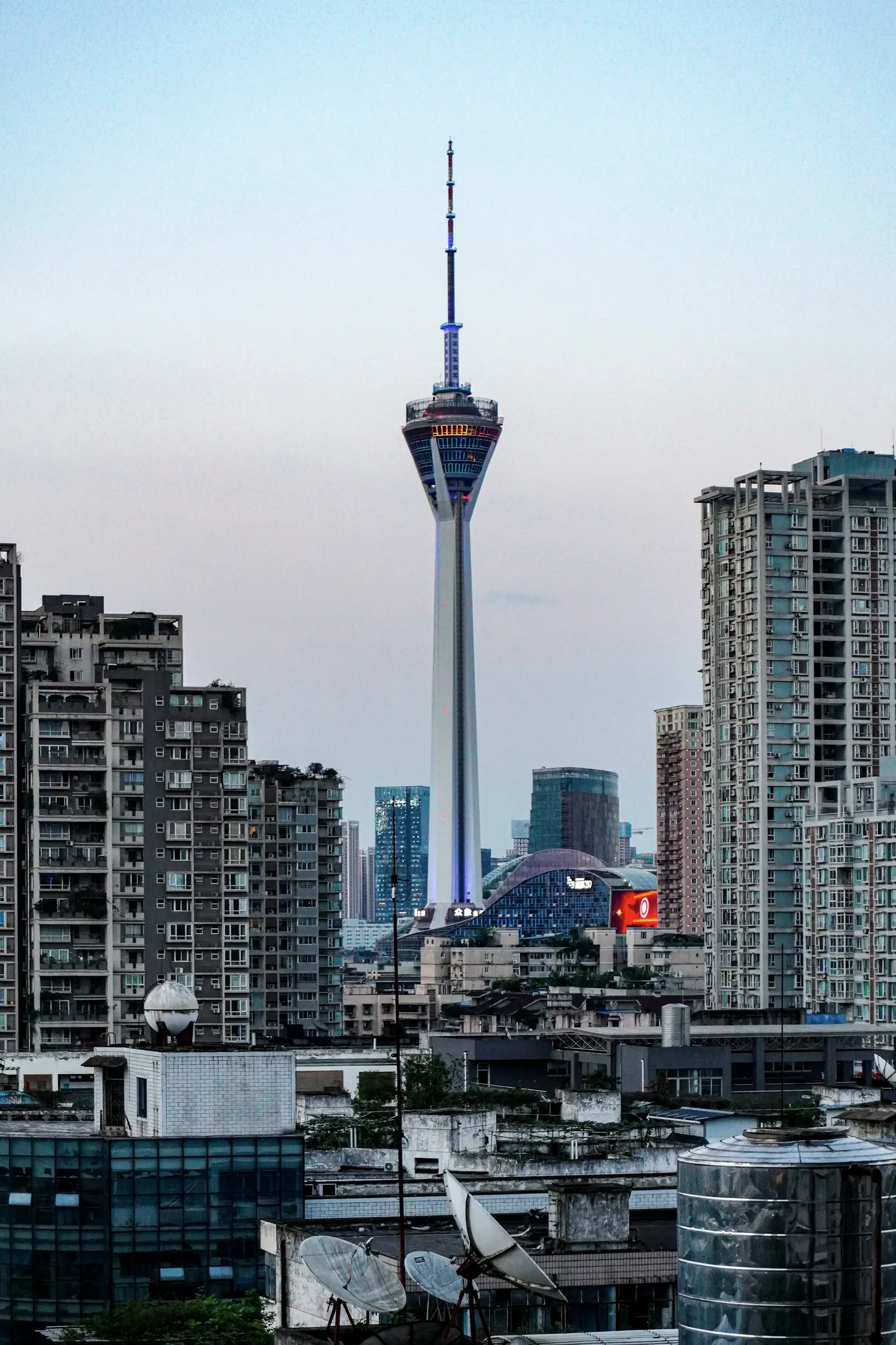 灰白的天空下,电视塔从一片居民楼里升起来