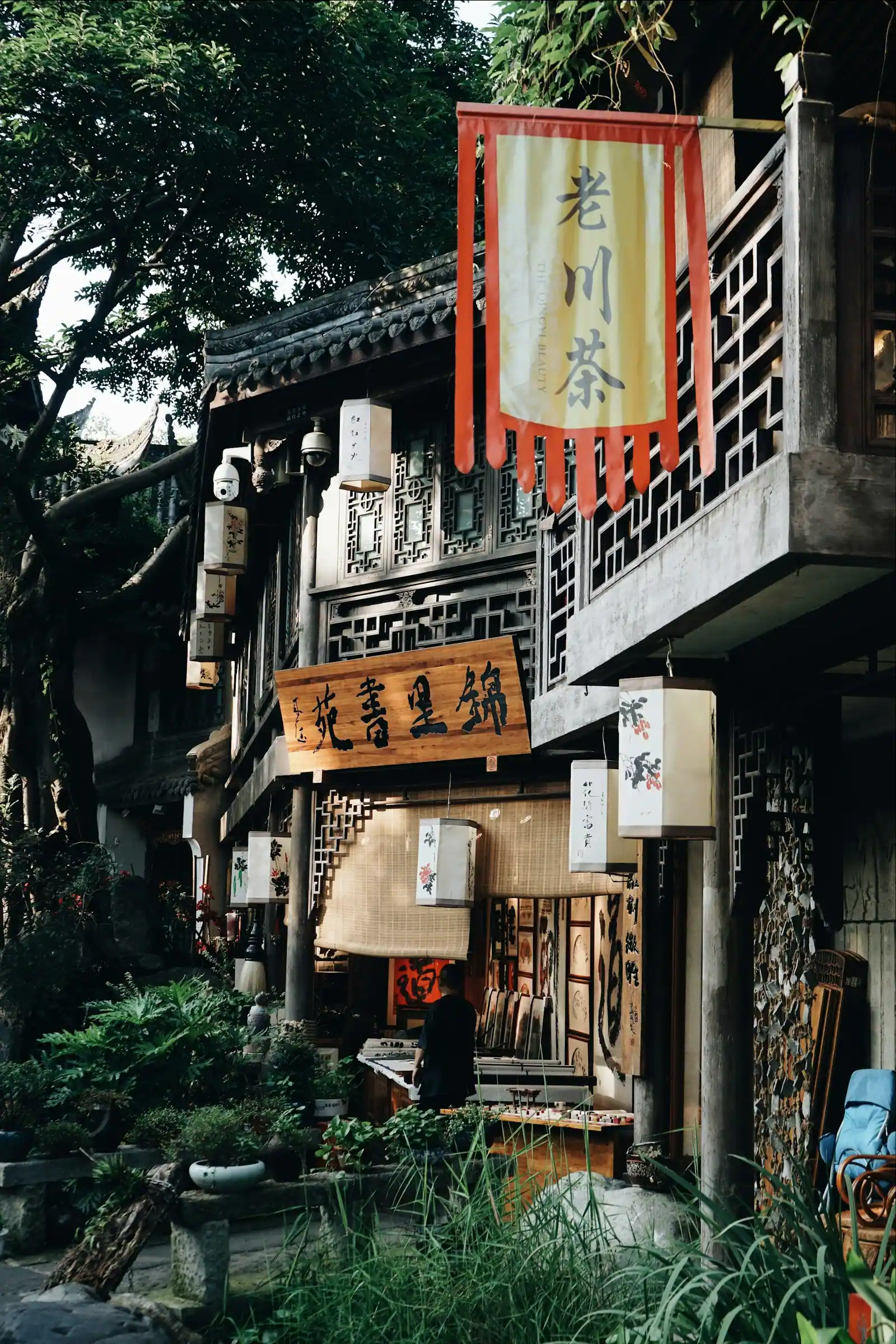 一栋楼的侧面,挂满了层层叠叠的招牌和绿植